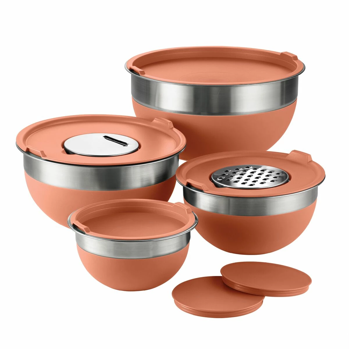 Tramontina 10 Pc Covered Stainless Steel And Silicone Mixing Bowl Set With Grating Tools - Persimmon Orange 4 Tramontina 10 Pc Covered Stainless Steel And Silicone Mixing Bowl Set With Grating Tools - Persimmon Orange - Image 2