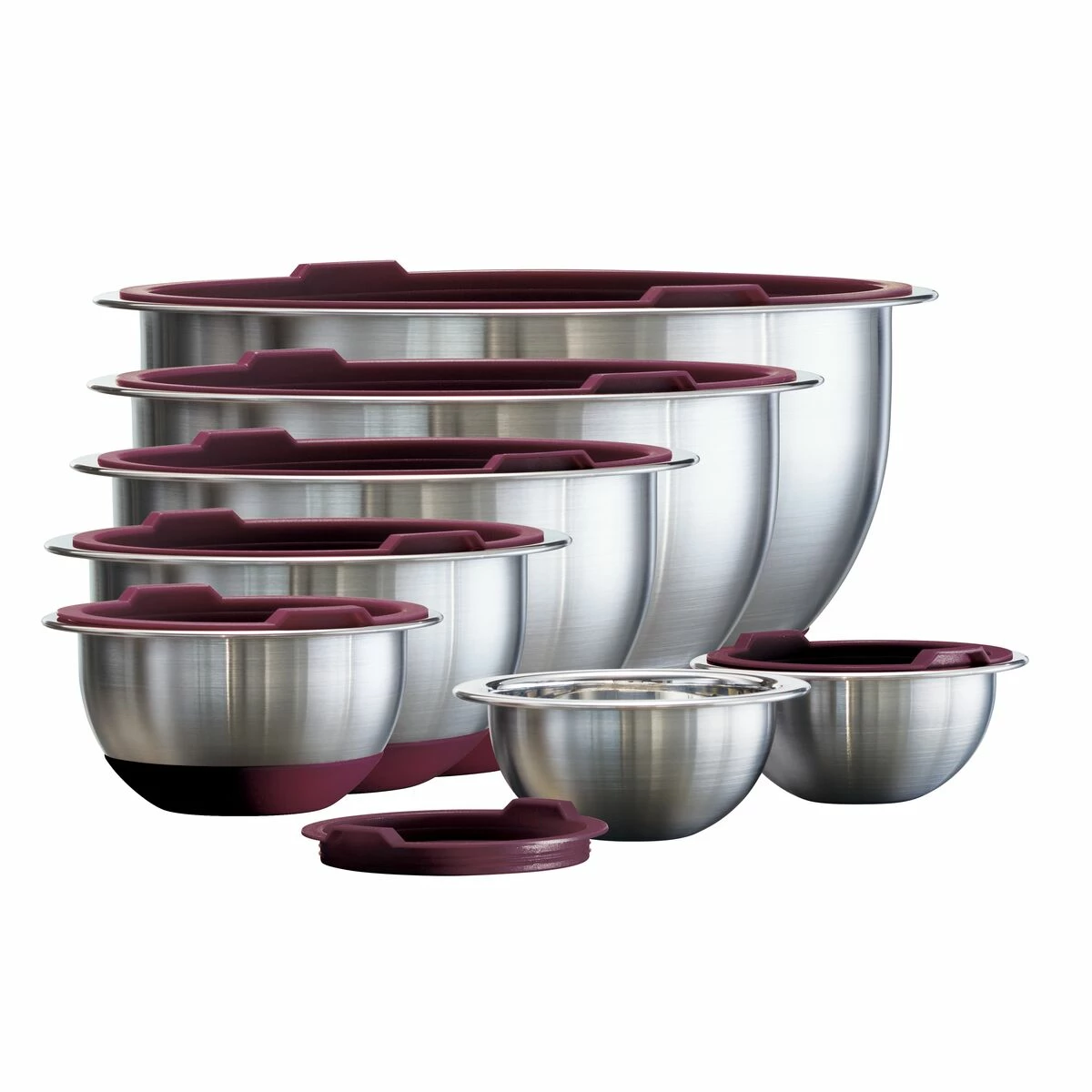 Tramontina 14 Pc Stainless Steel Covered Mixing Bowl Set With Silicone Base - Eggplant 4 Tramontina 14 Pc Stainless Steel Covered Mixing Bowl Set With Silicone Base - Eggplant - Image 2
