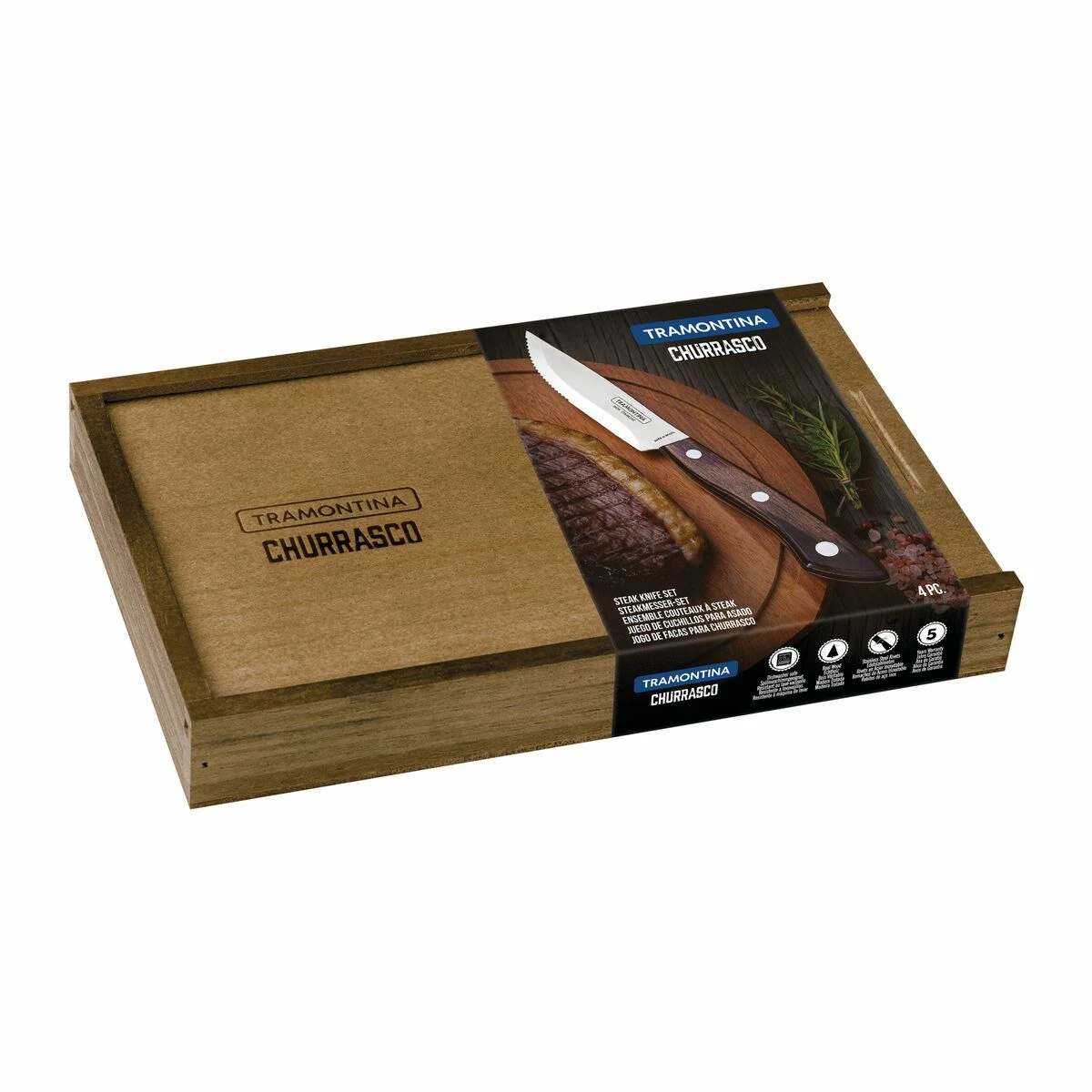 Tramontina Churrasco BBQ 4 Pc Porterhouse Steak Knife Set In Wood Gift Box 3 Tramontina Churrasco BBQ 4 Pc Porterhouse Steak Knife Set In Wood Gift Box - Image 2