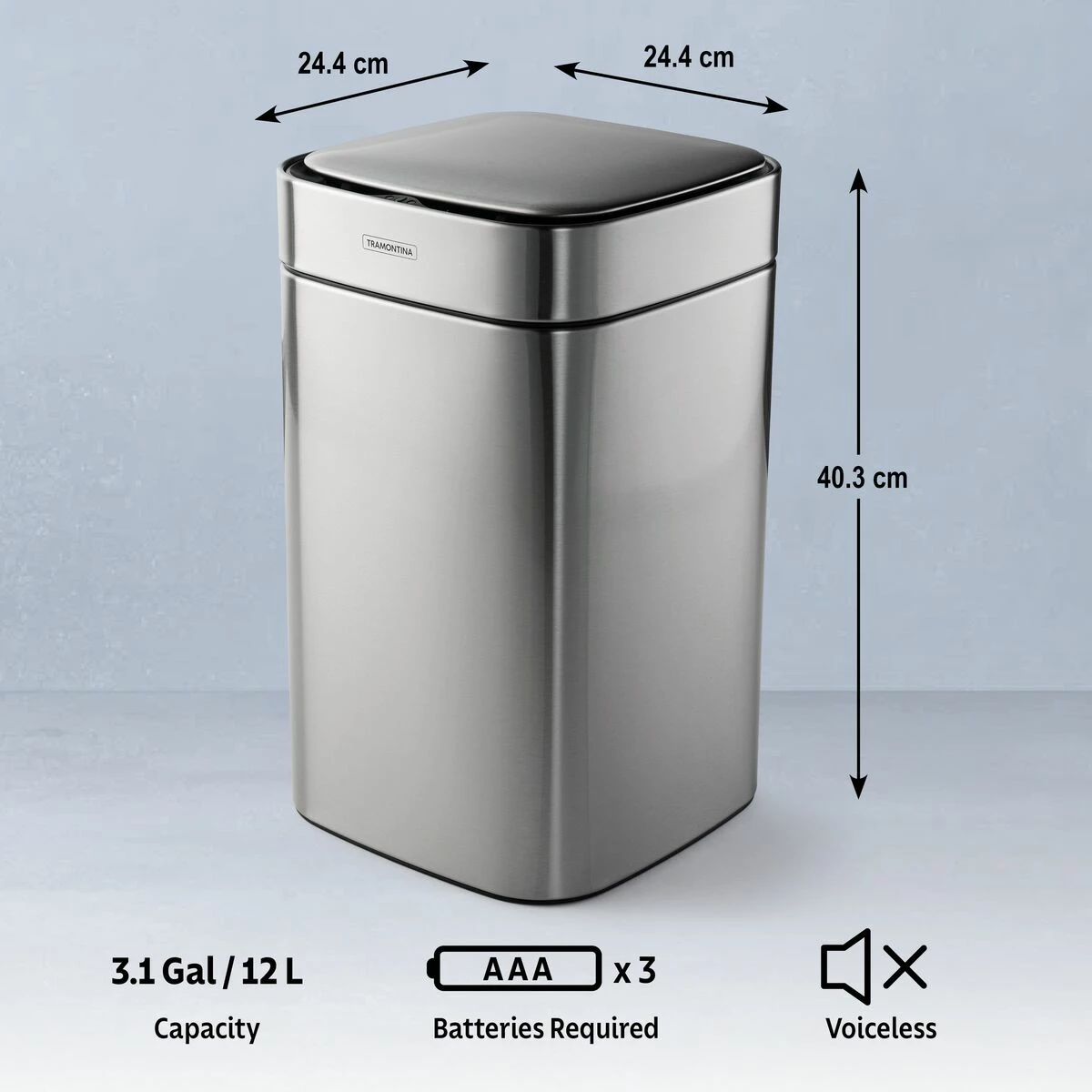 Tramontina 3.17 Gallon Stainless Steel Square Sensor Bin With SS Capped Lid 6 Tramontina 3.17 Gallon Stainless Steel Square Sensor Bin With SS Capped Lid - Image 5