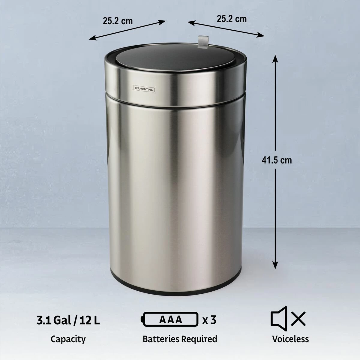 Tramontina 3.17 Gallon Stainless Steel Round Sensor Bin With SS Capped Lid 7 Tramontina 3.17 Gallon Stainless Steel Round Sensor Bin With SS Capped Lid - Image 5